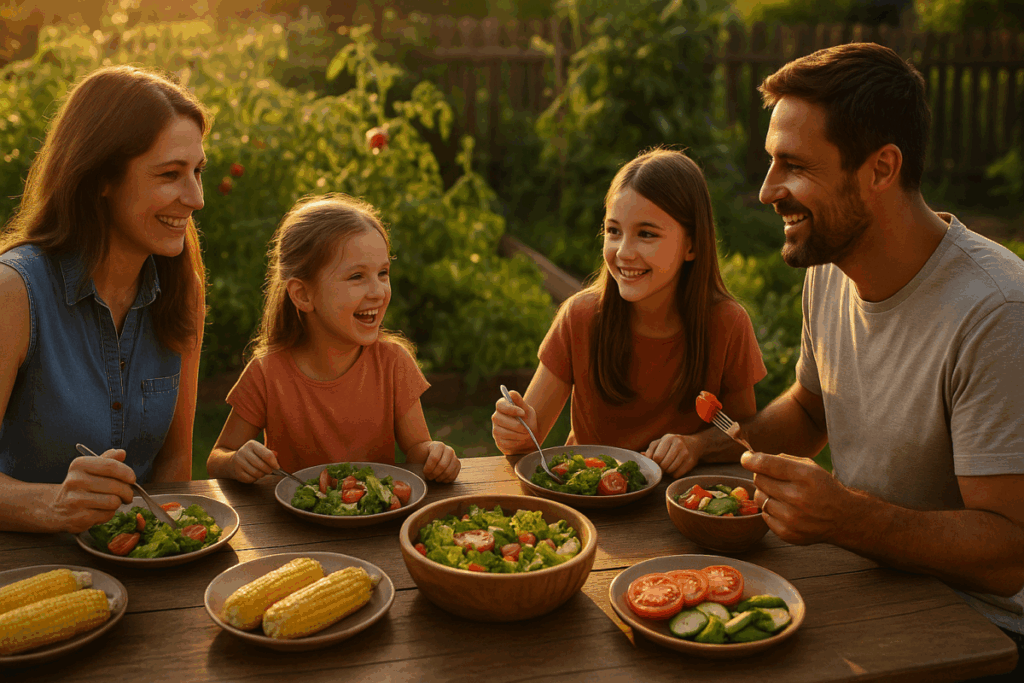 A smiling family of four enjoys a backyard meal at golden hour, seated around a wooden table filled with fresh garden vegetables, salads, and corn, with lush garden plants in the background.
