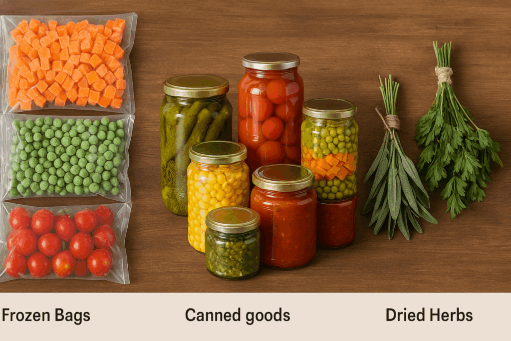 Visual display of preserved vegetables including vacuum-sealed frozen bags of peas, carrots, and tomatoes; glass jars of canned pickles, corn, peas, and sauces; and bundles of dried herbs like sage and parsley, arranged neatly on a wooden surface.