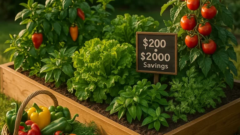 Lush raised bed garden filled with tomatoes, lettuce, and herbs, with a basket of produce and a sign showing "$200 → $2000 Savings."