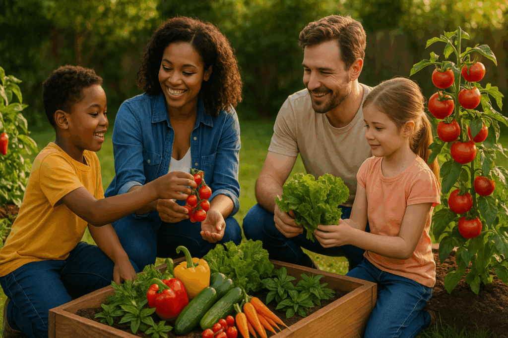 Smiling family of four harvesting fresh vegetables from a backyard raised bed garden filled with colorful produce.