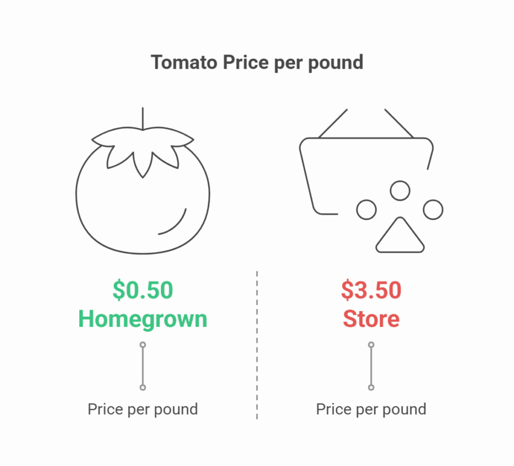 A price comparison chart showing tomato costs: $0.50 per pound for homegrown versus $3.50 per pound from the store.