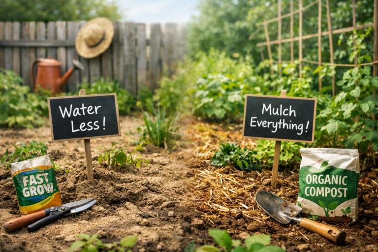 A split garden scene showing two different approaches: dry soil with a sign reading “Water Less” on one side, and a mulched, green garden bed with a sign reading “Mulch Everything” on the other.